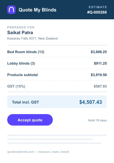 Blinds quote preview with product details and pricing